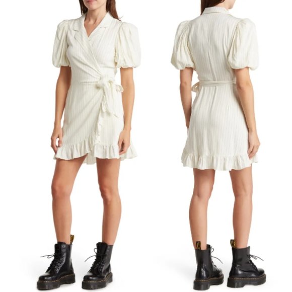 Weworewhat Collared Wrap Dress Ivory Short Puff Sleeve Pin Stripe Ruffle Hem - Picture 1 of 11